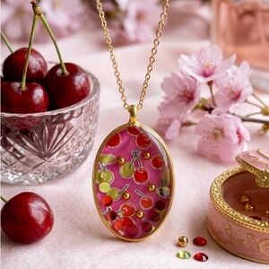 Gold and Pink Cherry Pendant Necklace